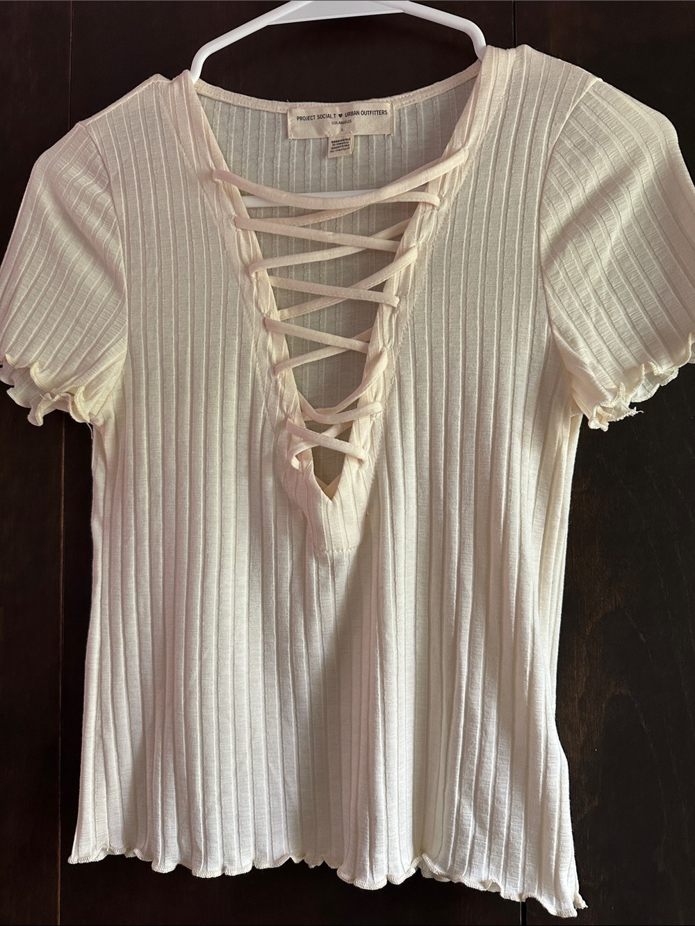 Project Social T Lace-Up Ribbed Short Sleeve Top - Ivory - Picture 7 of 7